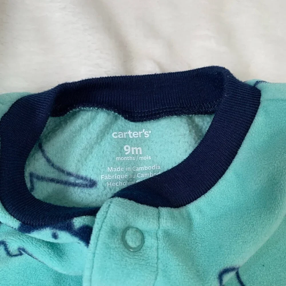 5/$25 Carter's‎ Dinosaur Footed Sleeper Baby Boy 9M Teal Fleece Snap Up Pajamas